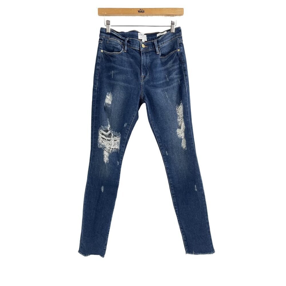 Frame Womens Le High Enford Skinny Distressed Jeans Size 25 Blue Denim Raw Hem